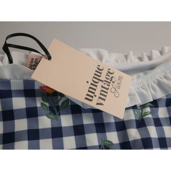Plus Size High Waist Swim Bottom 1X Navy Gingham Floral Ruffle Unique Vintage - Picture 4 of 6